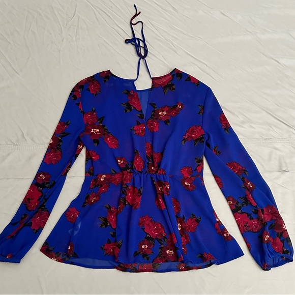 Sheer Peplum Blue Floral Blouse Tie-Back Elastic Waist Size Small - Picture 5 of 7